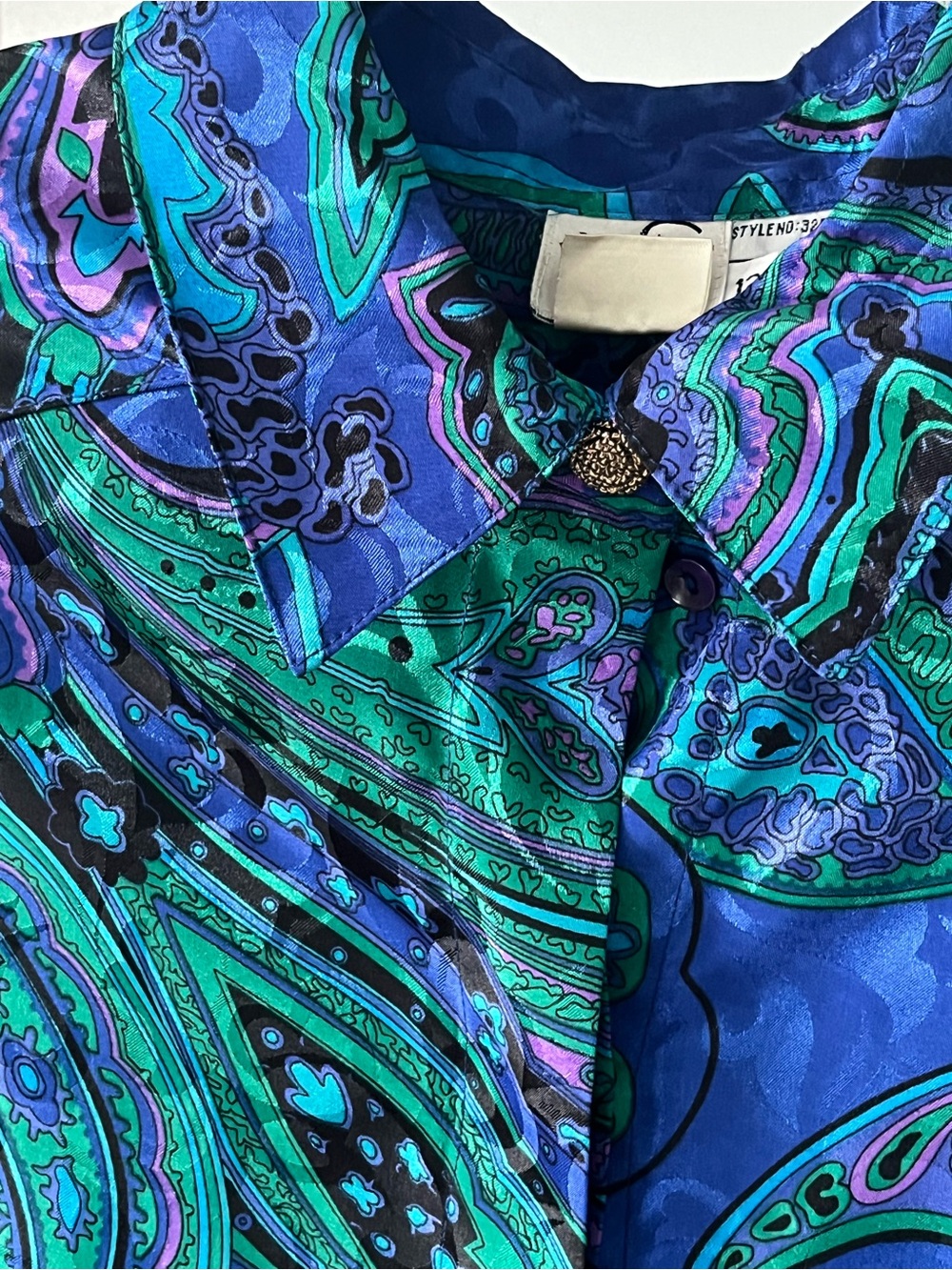 80s Vintage Blue and Teal Paisley Satin Flowy Blouse Size 12 Eclectic Bold Top - Picture 5 of 6